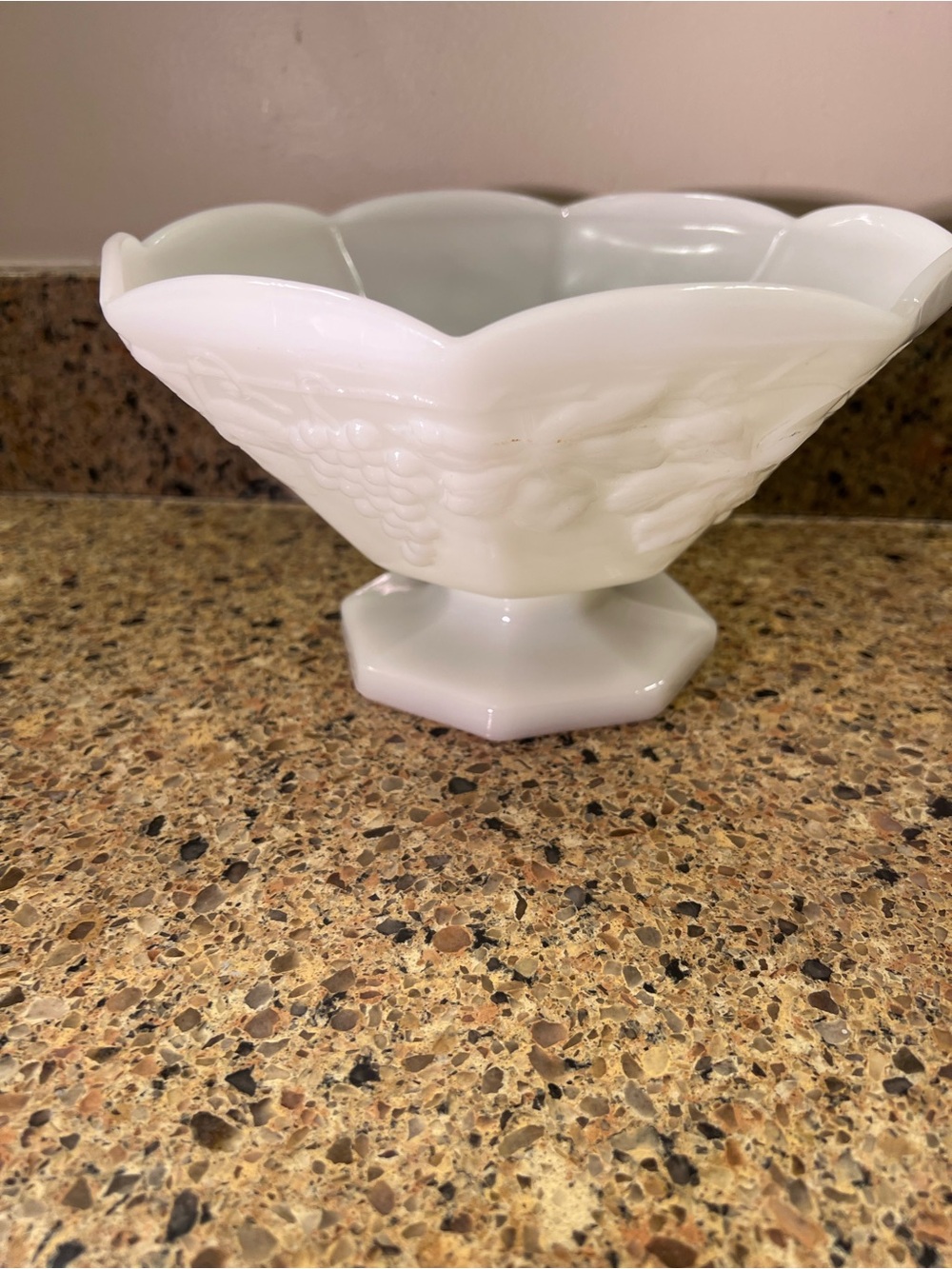Indiana Glass White Milk Glass Pedestal Bowl with Octagonal Shape 5.5” Tall